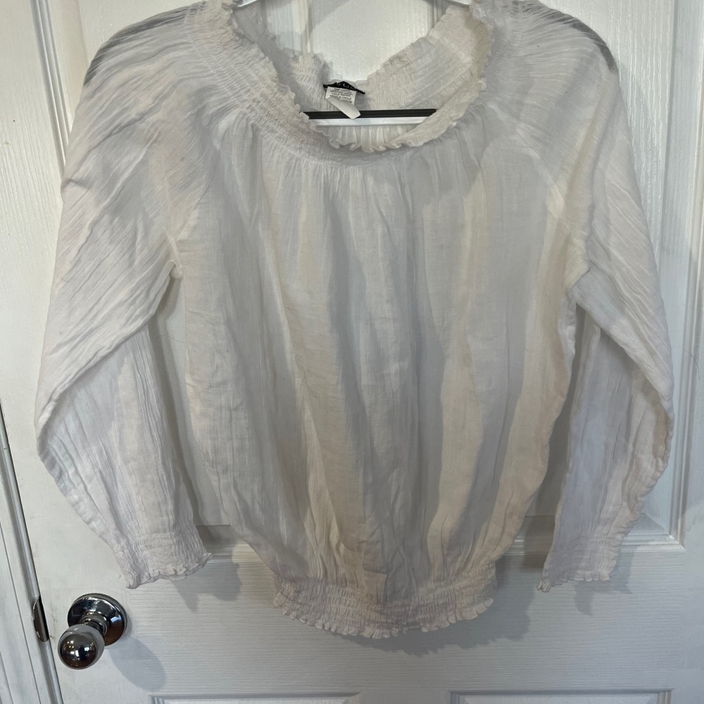 Cream Smocked Blouse with Bib Collar and Relaxed Fit